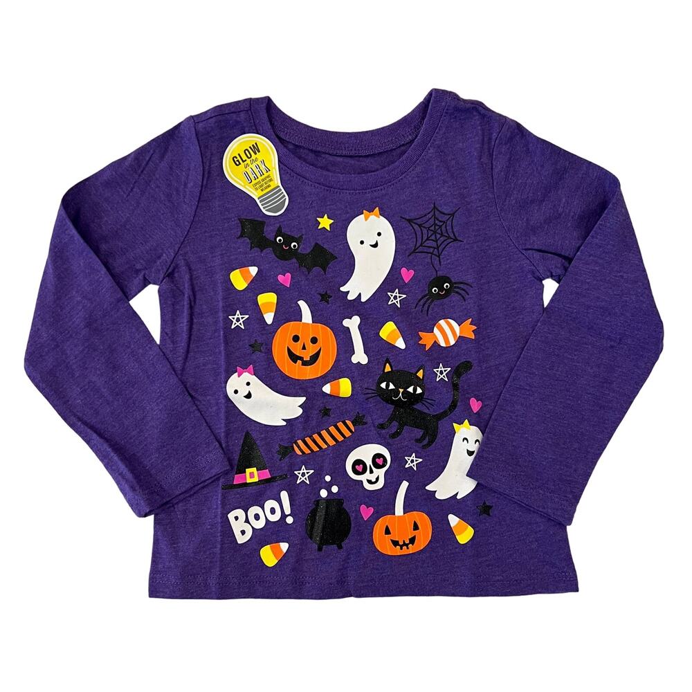 NWT Children's Place Girls Purple Glow Halloween Doodle Graphic Tee